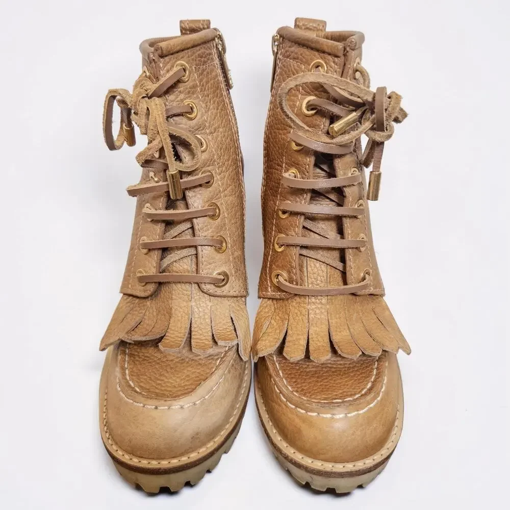 Tory Burch Howard Tan Leather Fringe Lug Wedge Boots Women’s 6